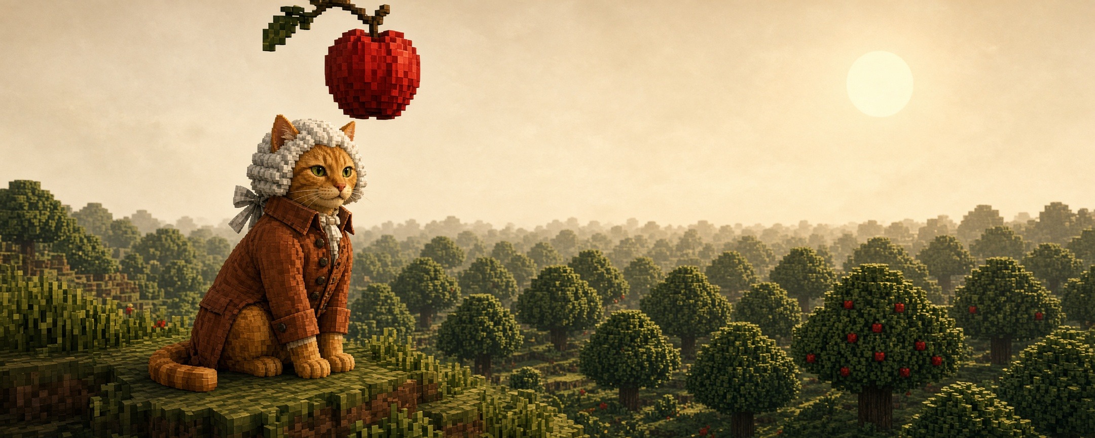 A voxel cat in a Newton coat sits in an orchard. A red apple hangs above its head.